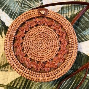 Round Crossbody Bag Tan  & Brown Rattan Wicker Leather Closure and Handle Lined